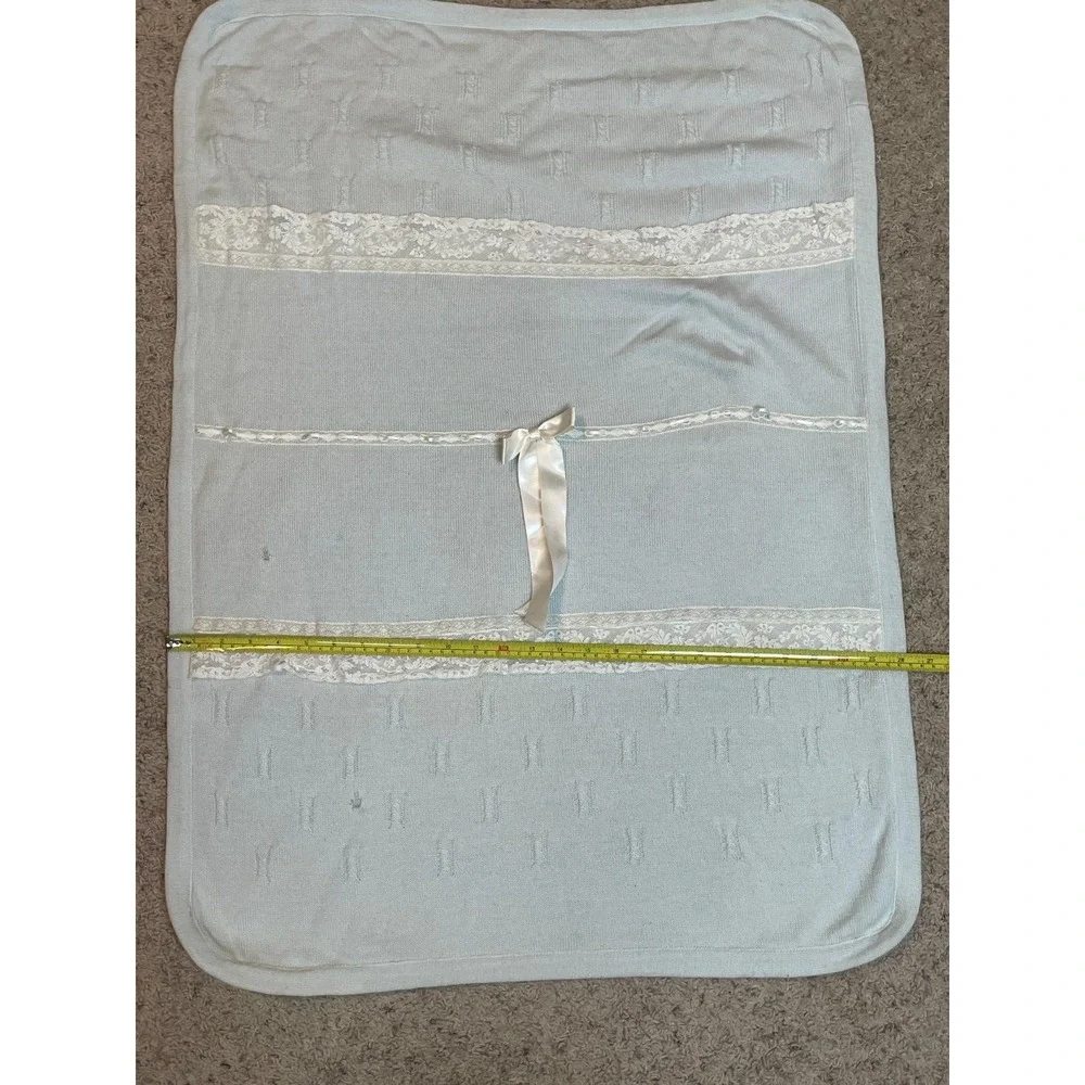 Bebe De France Couture‎ Baby Blanket 100% Virgin Wool Blue Lace Bow Made Italy